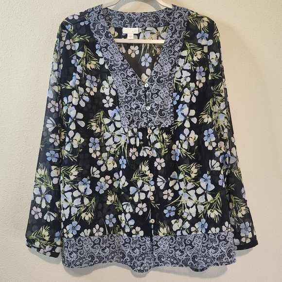 J. Jill Navy Blue Floral And Lace Blouse With Mother Of Pearl Button Detail Sz M - Picture 1 of 8